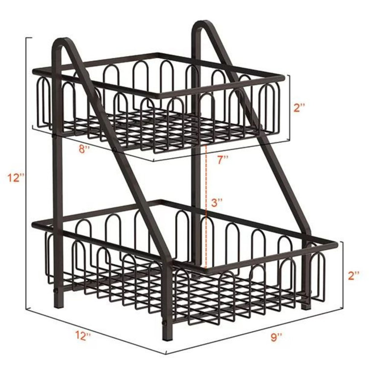 2 Tier Metal Tabletop General Basket, Utility Vegetable Storage Basket Bread Organizer Rack, Bronze Rebrilliant