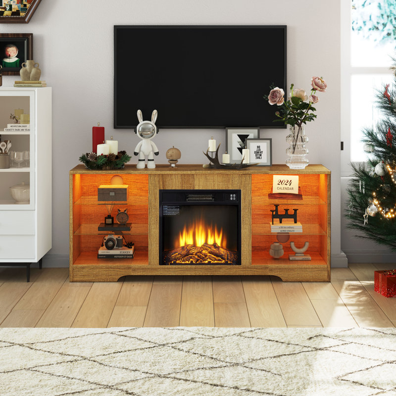 Tv Stand For Tvs Up To 62", Electric Fireplace With Glass Shelves, Led Lights, Dual Power Outlets & Usb Ports, Oak