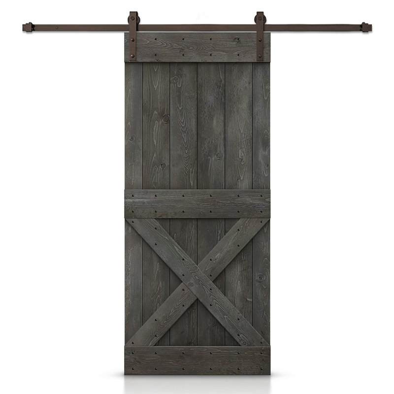 Porte de grange à panneaux et en bois avec quincaillerie d'installation, 44 po x 84 po, Gris carbone, Noir mat