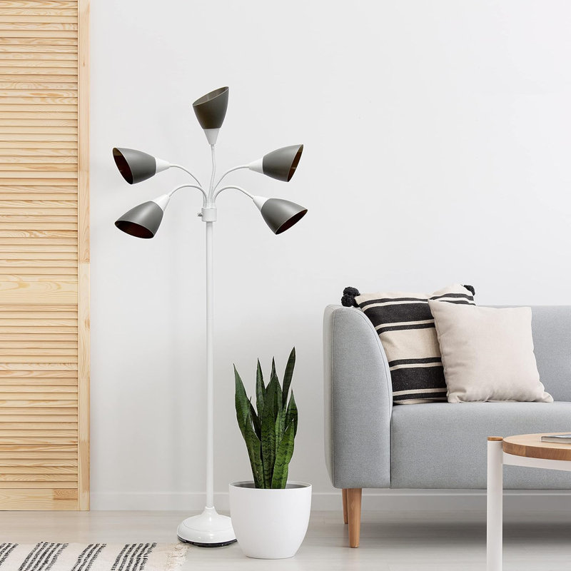 Lampe de plancher réglable à têtes multiples avec 5 lumières à col-de-cygne et abat-jour gris pour le salon, la chambre, le bureau, la salle de jeux