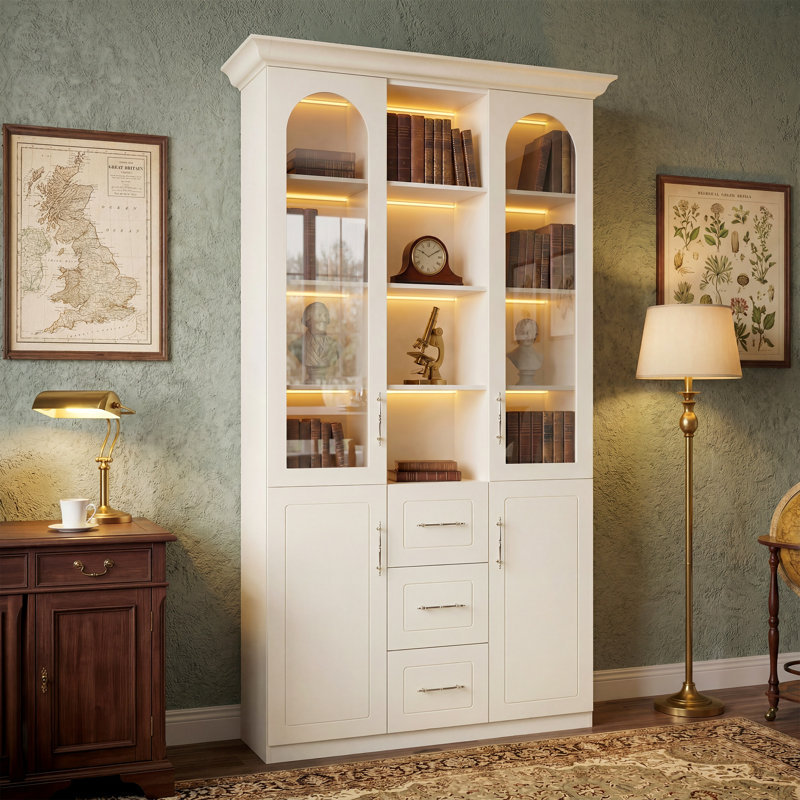 92.5" H Bookcase With 4 Doors, 3 Drawers & Open Shelves