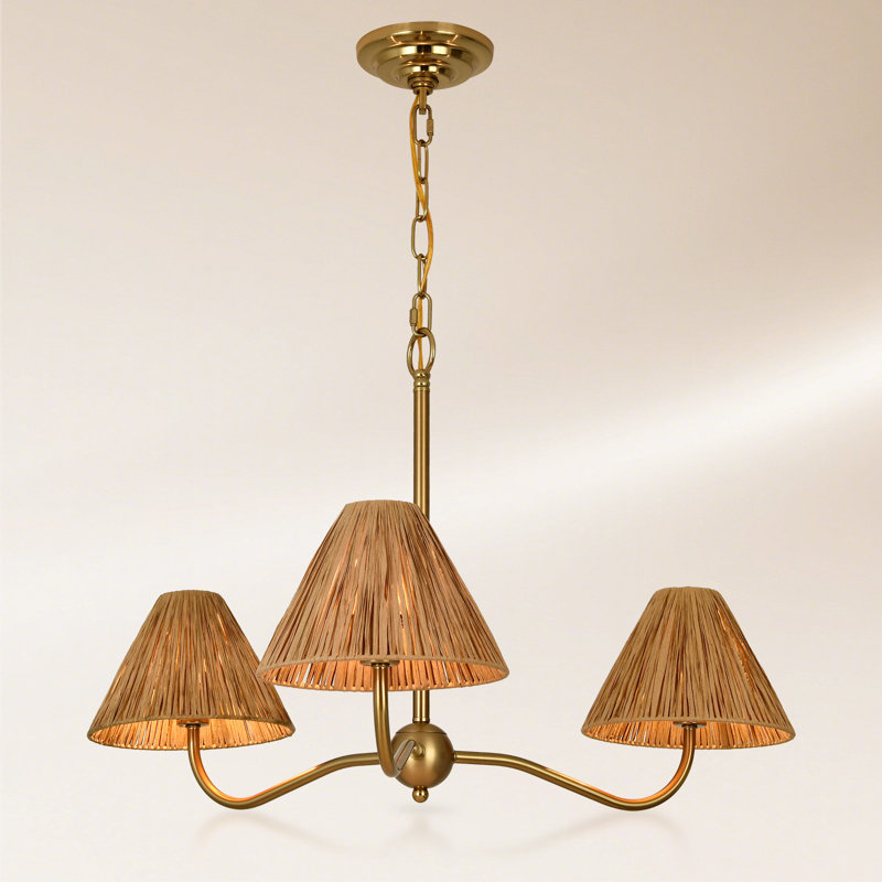 3-Light Adjustable Cone Pendant – Hand-Wrapped Paper Shades, Brass-Copper Finish, Sloped-Ceiling Ready, 22–29" Drop.