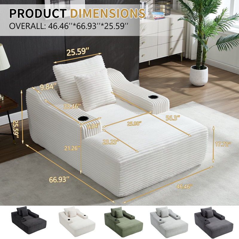 Chaise longue surdimensionnée en velours côtelé 67 po avec accoudoirs larges et coussins, Blanc