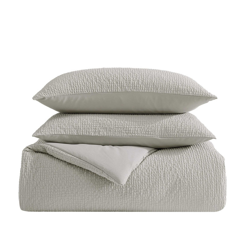 Queen Grey Cotton Puckered Texture Duvet Cover Set