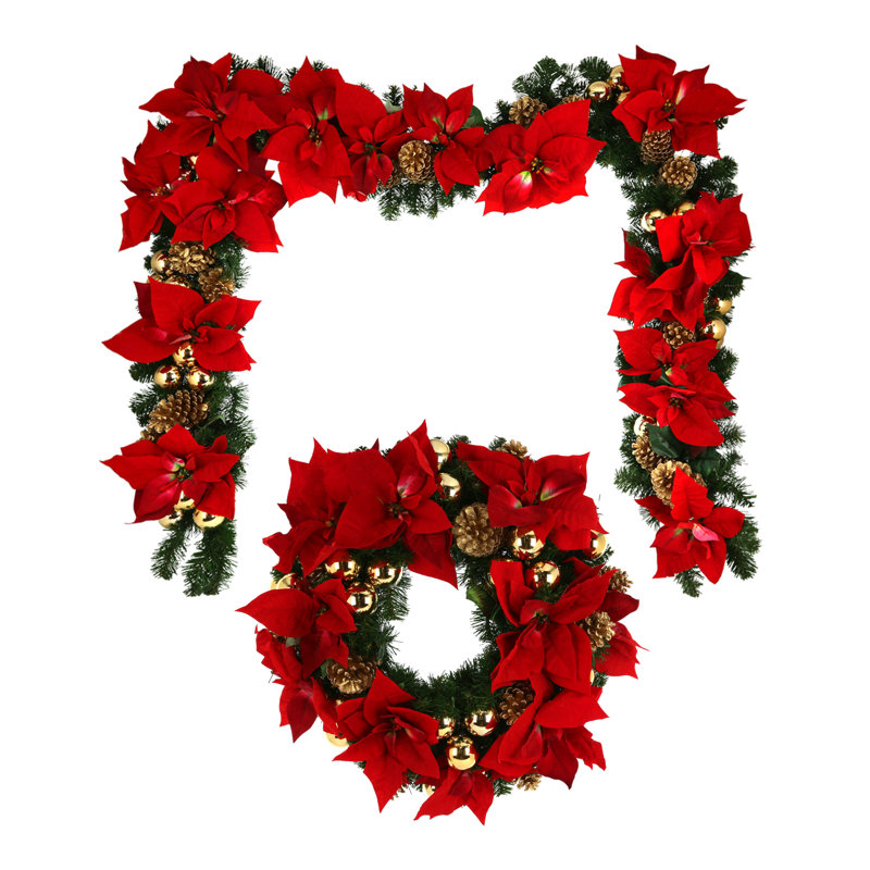 26" Holiday Poinsettia Wreath And 9' Garland