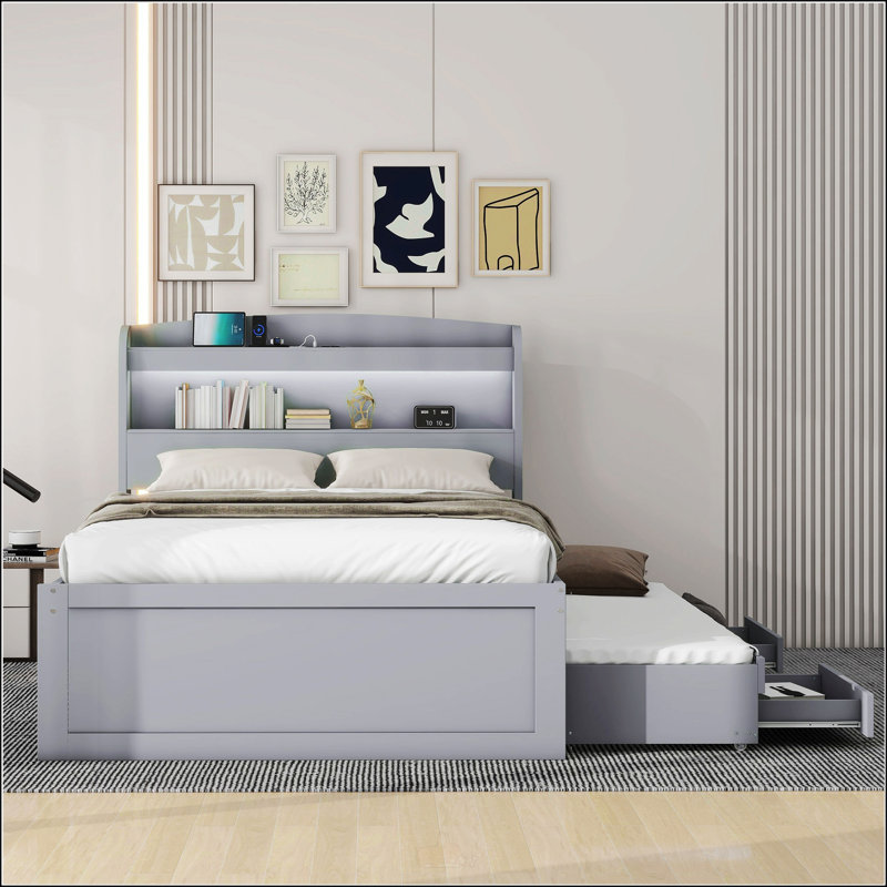 Lit plateforme simple TG avec tête de lit à DEL, Marron foncé