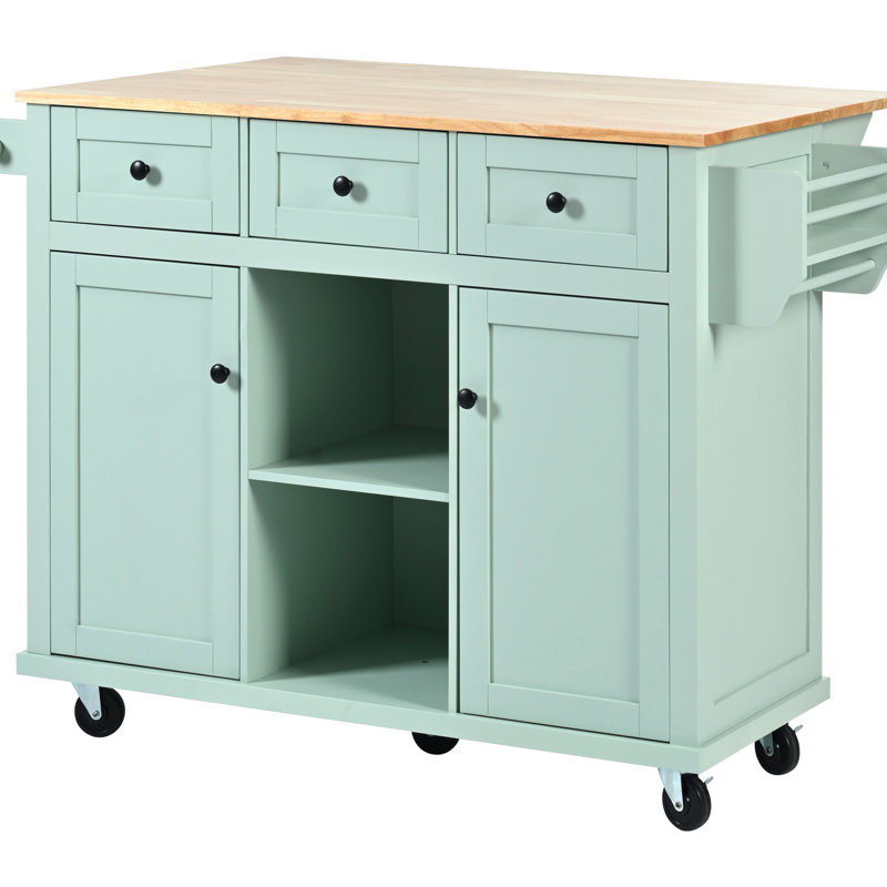 Îlot de cuisine en hévéa pour l'organisation, neuf avec dessus, rangement interne, 5 roulettes, 3 tiroirs, tablette ajustable
