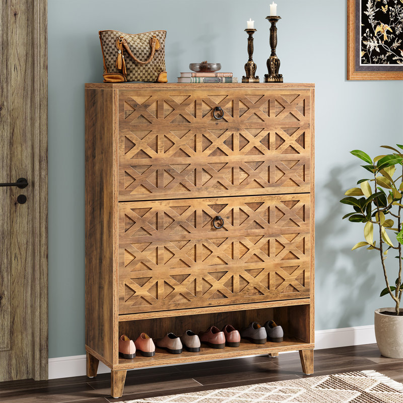 20 Pair Shoe Cabinet with 2 Flip Drawers, Entryway Shoe Storage Organizers with Adjustable Shelves, Brown
