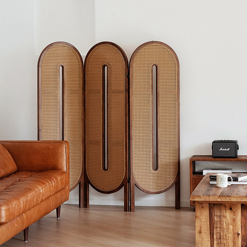 3 panneaux beige, rotin brun et paravent en bois massif, H 62,99 po x l 59,06 po x P 1,18 po
