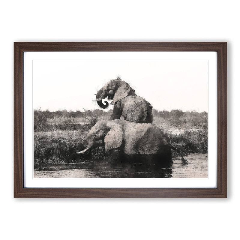 Two Elephants - Picture Frame Graphic Art Print, 62cm H x 87cm W x 2cm D, Walnut Framed
