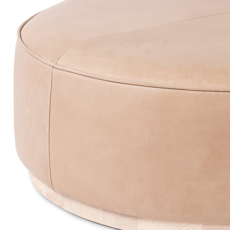 Sinclair Round Ottoman, Harness Burlap Faux leather, Natural Whitewash Ash