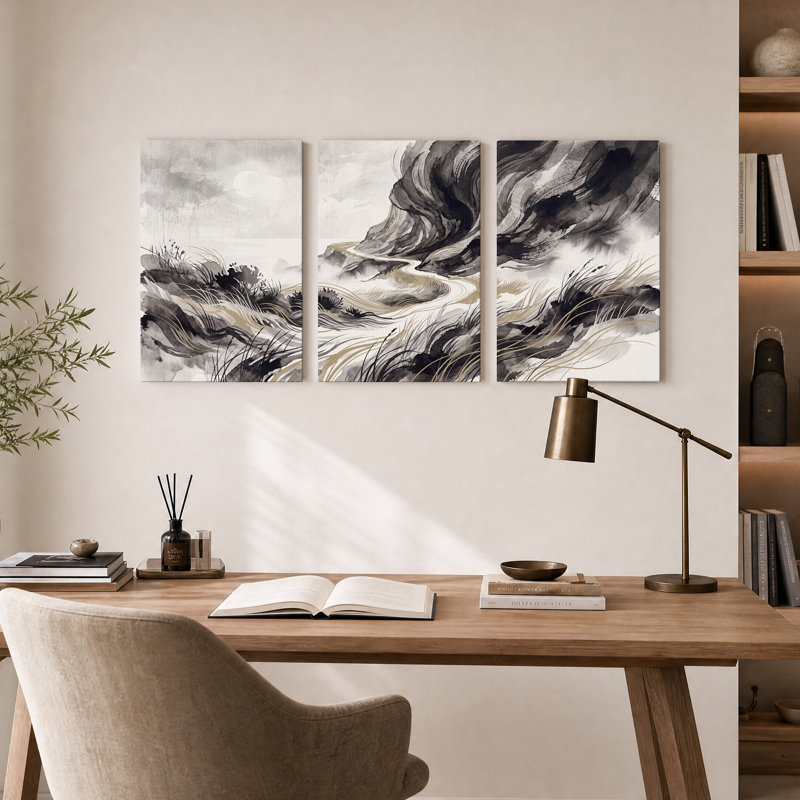 Ensemble de 3 toiles murales monochromes représentant un paysage de rivière avec des herbes dorées., 18"H x 12"W x 3pcs