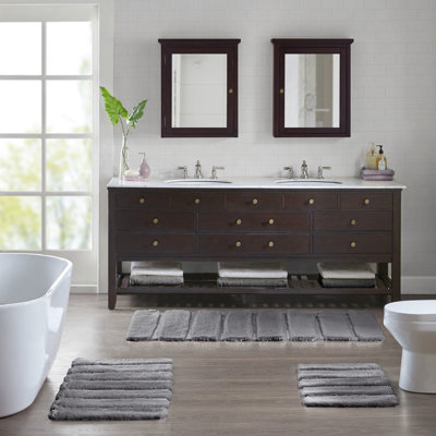 Grey 21X34" Bath Rug, , 100% Macro-Spun , Stripe, Quality, Fade , Non-Skid Back, Machine Washable , Backing, Simple