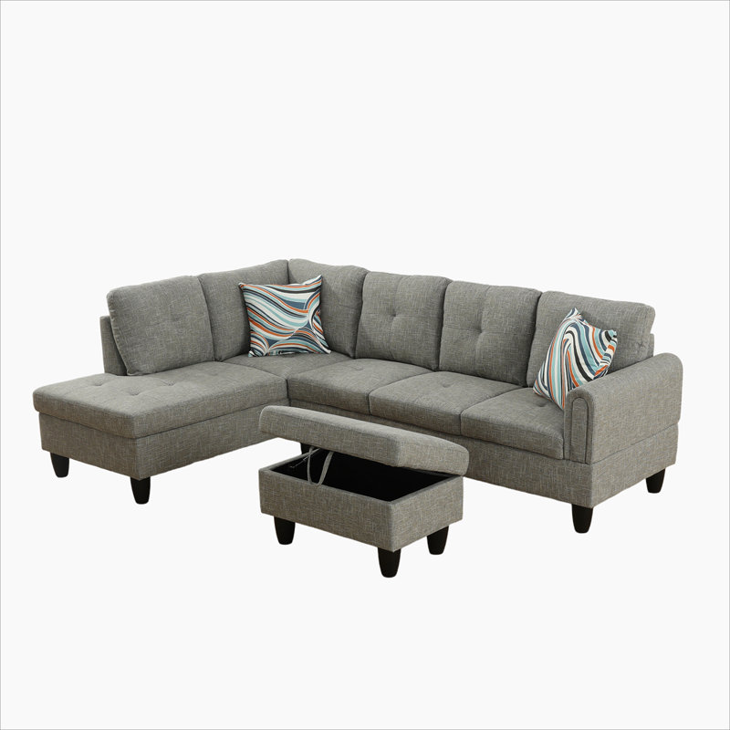 Straton 3 - Piece L-Shaped Modular Living Room Sectional Sofa with Ottoman,  Left Hand Facing, Medium Gray Velvet