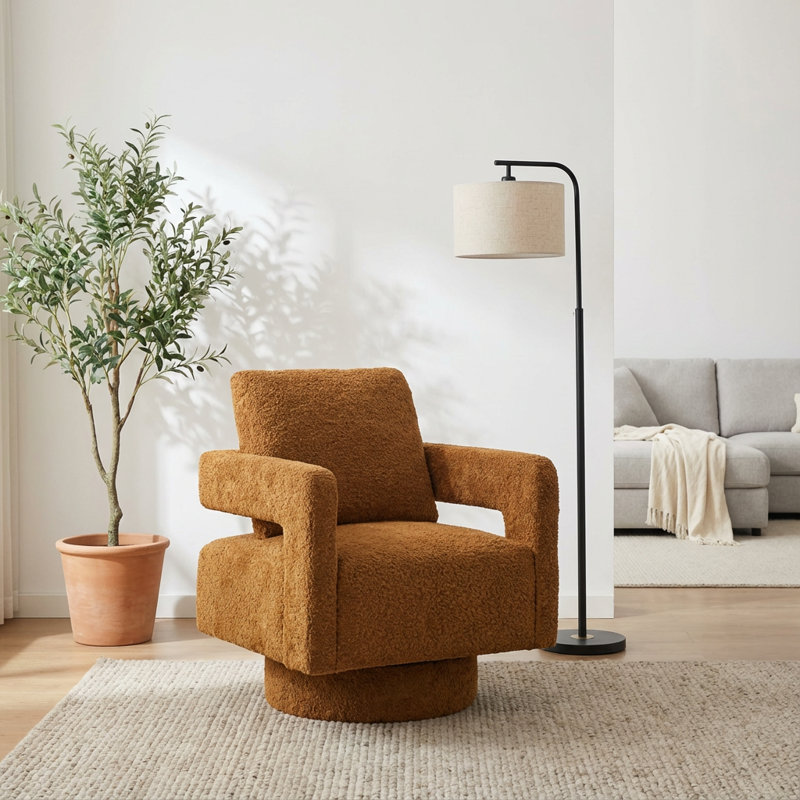 Fauteuil d'appoint pivotant carré moderne avec rotation à 360 degrés et coussin de dossier amovible, Caramel