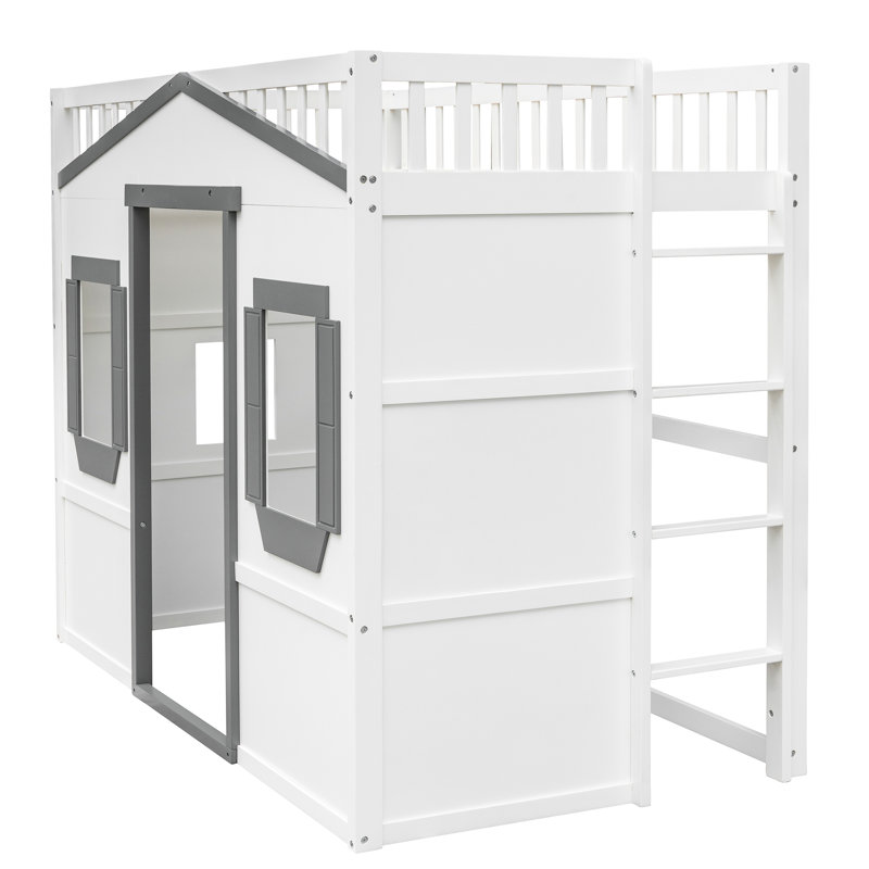 Lit mezzanine simple avec lit blanc gris - et confortable pour une bonne nuit de sommeil en blanc + bois massif gris, Twin