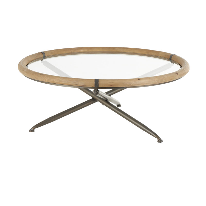 Cole And Grey Round Coffee Table With Brown Wooden Framed Glass Tabletop
