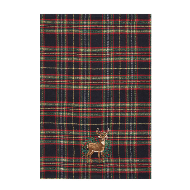 Broderie botanique cerf brodée sur tissu écossais