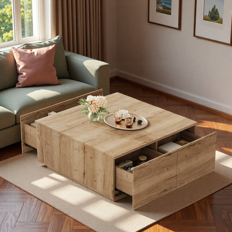 Table basse moderne carrée avec 4 tiroirs, Naturel