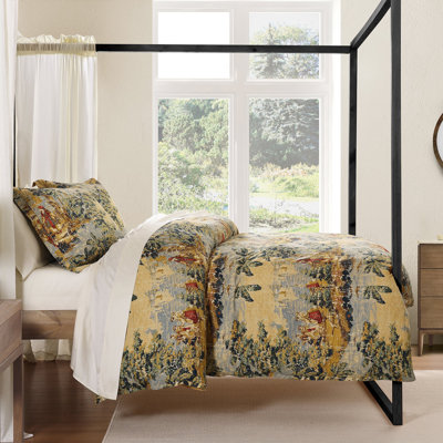 Provence Washed Linen Gold Yellow Victorian Print Shabby Elegance Duvet Cover Set with Pillow Shams