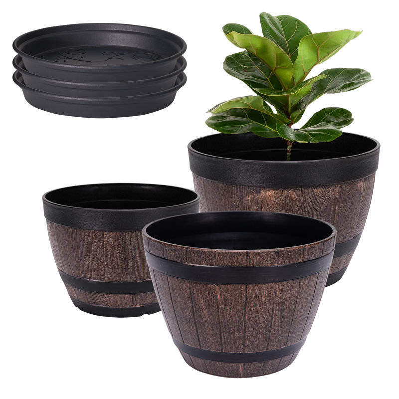 Genard 3 Pack Plastic Barrel Planter 9" & 11.8" & 12.8" Plant Pots Whiskey Barrel Planters Pots With Drainage Holes & Saucer Tray for Indoor & Outdoor Garden Home Plants