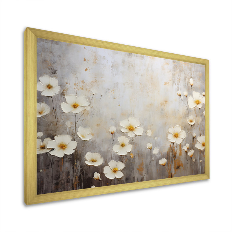 «Elegant Beige and Grey Buttercups Meadow I», reproduction sur toile, H 24 po x l 32 po x P 1 po, Cadre doré simple