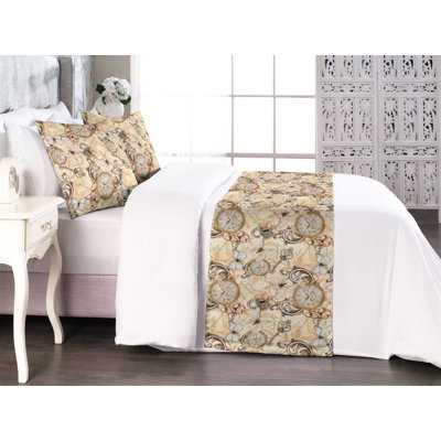 Ambesonne Nostalgic Bed Runner Set Vintage Watch Butterfly Pastel Brown and Taupe Grey