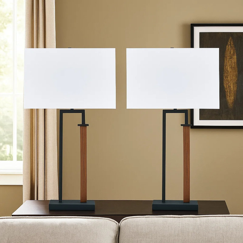 Ensemble de 2 lampes de table, base courbée en bronze câblé, abat-jour en tissu blanc