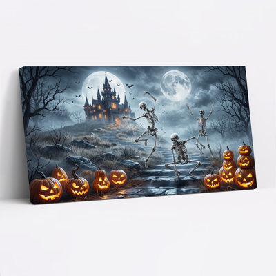 Dancing Skeletons and Glowing Pumpkins Under Two Halloween Canvas Wall Art