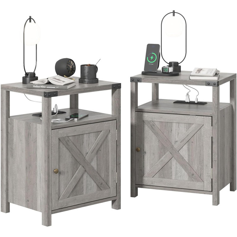 Gray Farmhouse Nightstands with Charging Station and Storage Cabinet, Set of 2