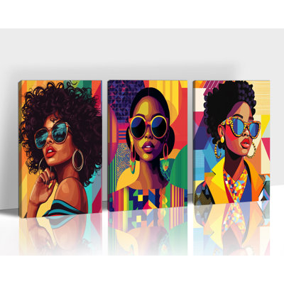 Art mural afro-américain 3 pièces Guttaty, impressions de femmes noires modernes, images sur toile afrocentriques colorées, décor d'art de style galerie dynamique, ensemble de peintures prêtes à être accrochées pour bureau de chambre à coucher, 20 po x 30 po x 3 pièces