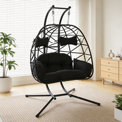 2 Person Double Hanging Egg Chair, Oversized Wicker Rattan Loveseat Swing Chair, Heavy Duty 600lbs Capacity, Foldable Basket Hammock Chair with Thick Cushion for Indoor Outdoor Patio Bedroom(Black+Black)
