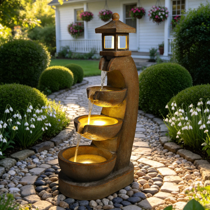 Outdoor Water Fountain with Lights 4 Tier Bowl Cascading Resin Lantern Style Garden Fountain for Patio Yard Porch Landscape