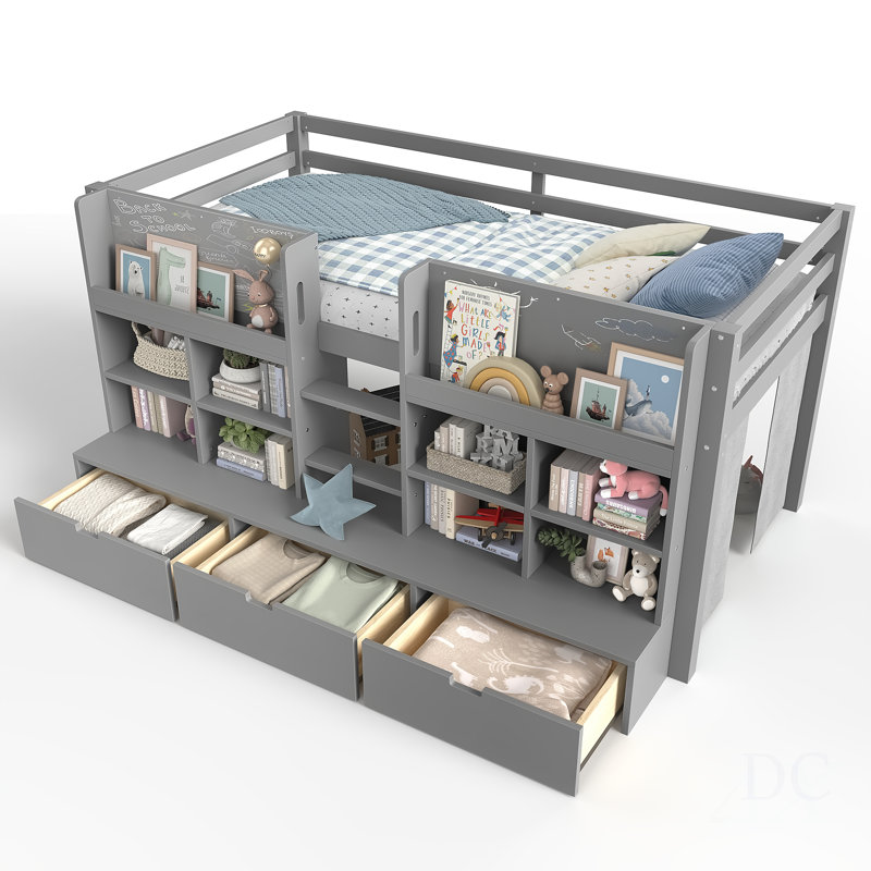 Lit mezzanine simple avec tablettes et rangements multiples, lit mezzanine bas avec rideau sous le lit et tableau noir, aucun sommier nécessaire
