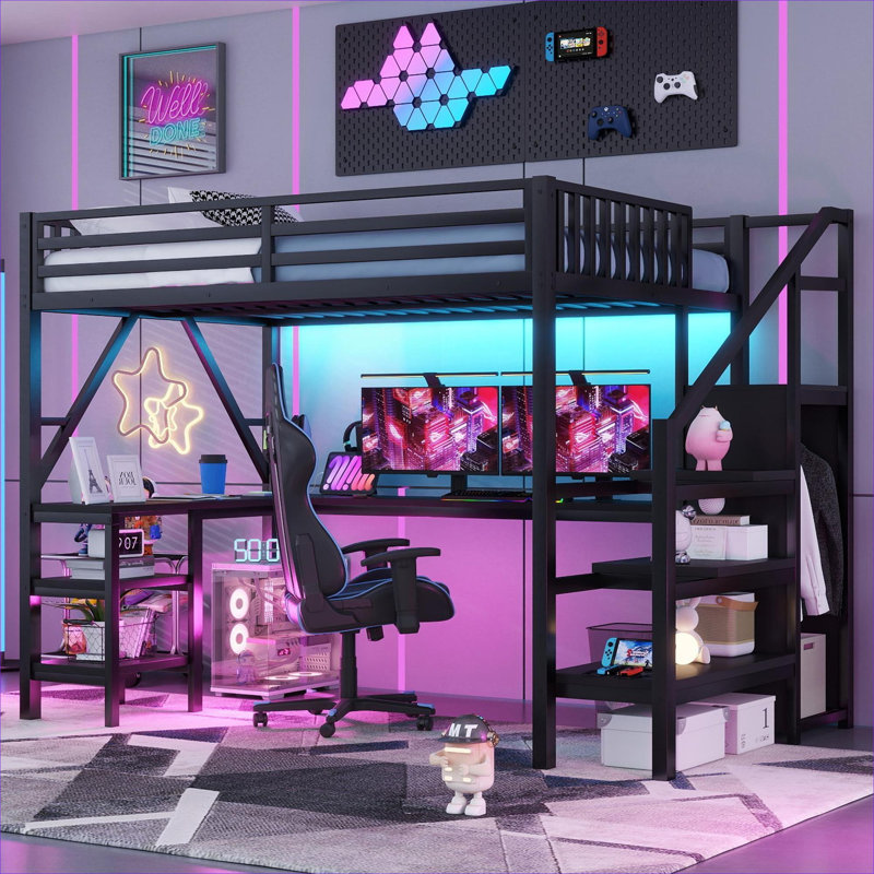 Lit mezzanine pleine grandeur tout-en-un avec rangement, structure en métal compacte avec bureau en forme de L, garde-robe et lumières DEL, noir élégant pour enfants, adolescents et adultes