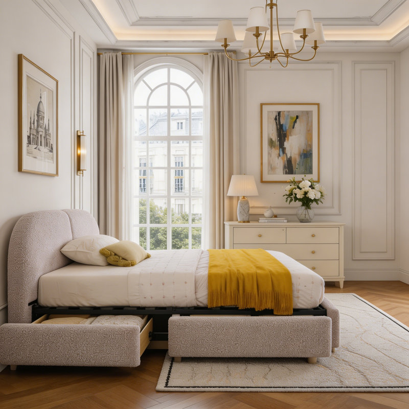 Tête de lit courbée de style moderne et minimaliste avec pieds incurvés et pieds robustes, Queen, Pink, Drawer