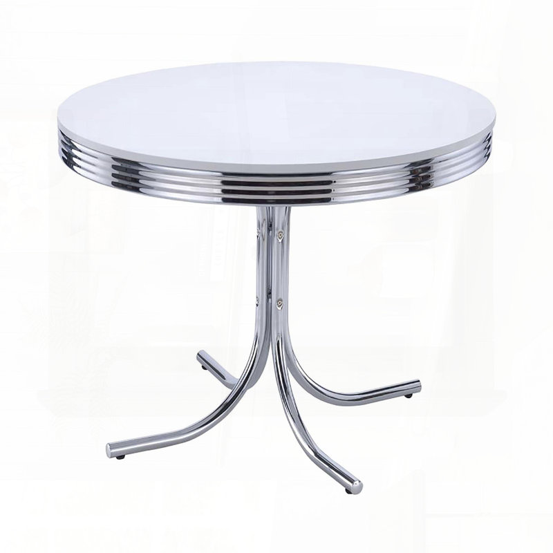 Table de salle à manger ronde style années 50 avec rebord chromé - blanc et chrome, H 42 po x 30 po
