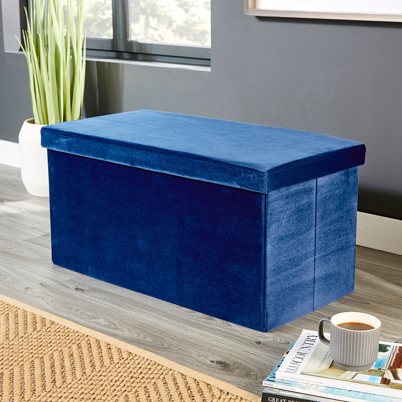 Peachey 76cm Wide Velvet Rectangle Solid Colour Standard Ottoman with Storage, Velvet Navy
