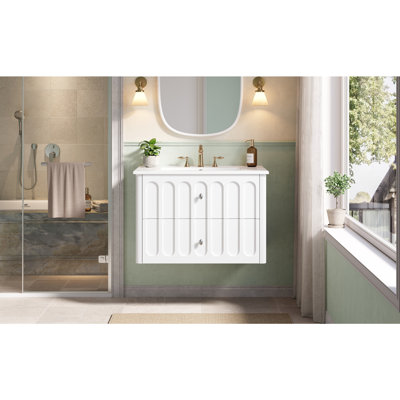 Meuble-lavabo de salle de bain flottant 30 po avec poignées ovales et bord arrondi