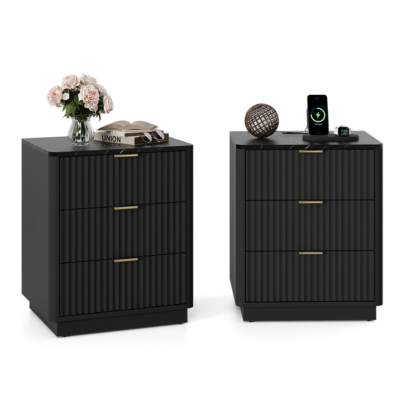 Valerica 3-Drawer Fluted Nightstand with Charging Station, Set of 2, Black