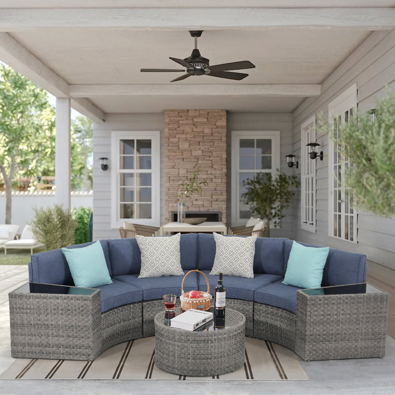 Rasmus 7 Piece Rattan Sofa Seating Group with Cushions, Grey Frame/Navy Cushion