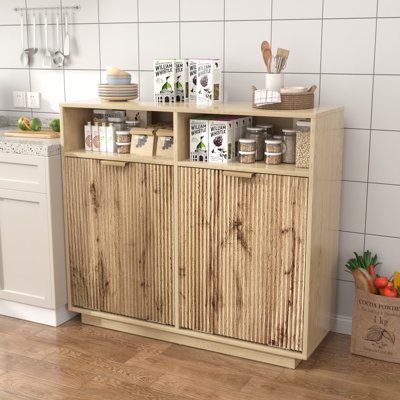 13 Gallon Tilt Out Trash Can Cabinet, Kitchen Double Trash Cabinet Wooden Fluted Furniture, Double Tilt Out Trash Can Cabinet