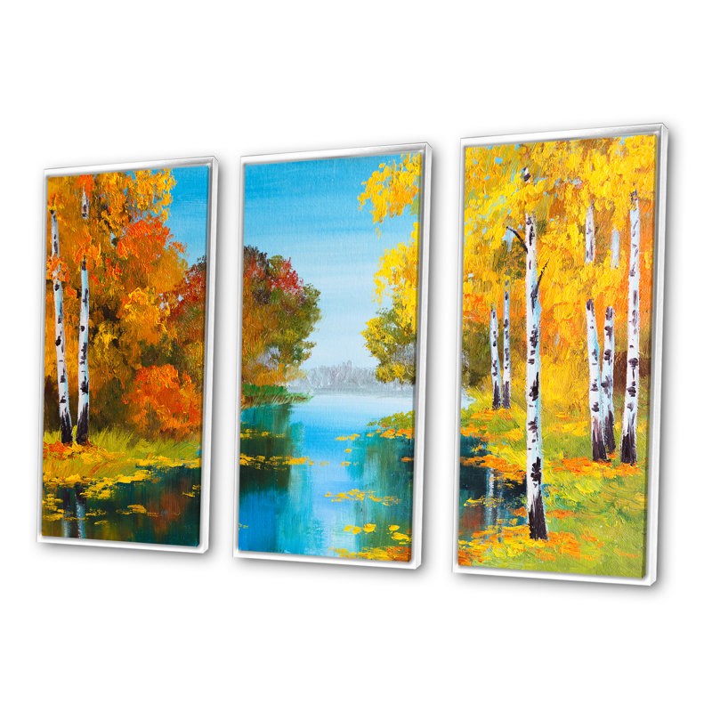 Birch Forest Near The River - 3 pièces, impression sur toile, L 36 po x H 28 po, Blanc