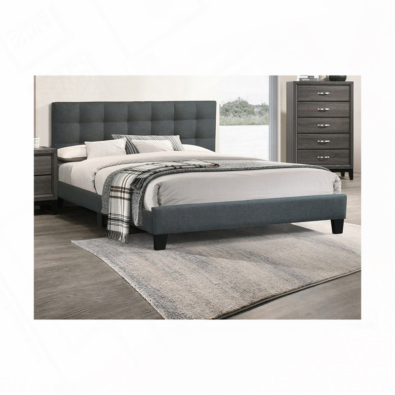Upholstered Wooden Bed with Tufted Headboard, Charcoal, Queen