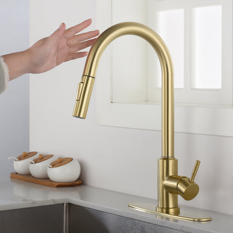 Touch Kitchen Faucet With Pull Down Spray Wand - 360-Degree Rotating, Single Handle For Smooth Water Temperature And Flow Control, Corrosion Rust Proof, Gold Stainless Steel, 15.65 In. Depth, 10.26