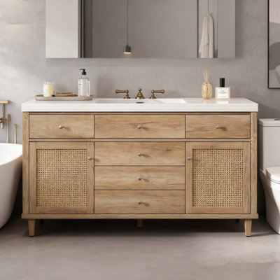 Meuble-lavabo de 60 po avec lavabo SMC, armoire de rangement moderne à grande capacité avec tiroirs à fermeture en douceur et 5 pieds en pin au fini naturel