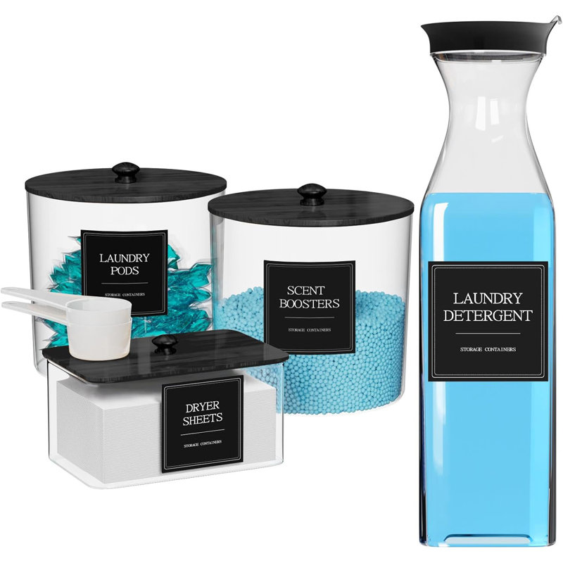 Paquet de 3 + 1 pots de rangement pour la lessive avec couvercles, détergent à couvercle noir et récipients à dosettes avec pelles et étiquettes