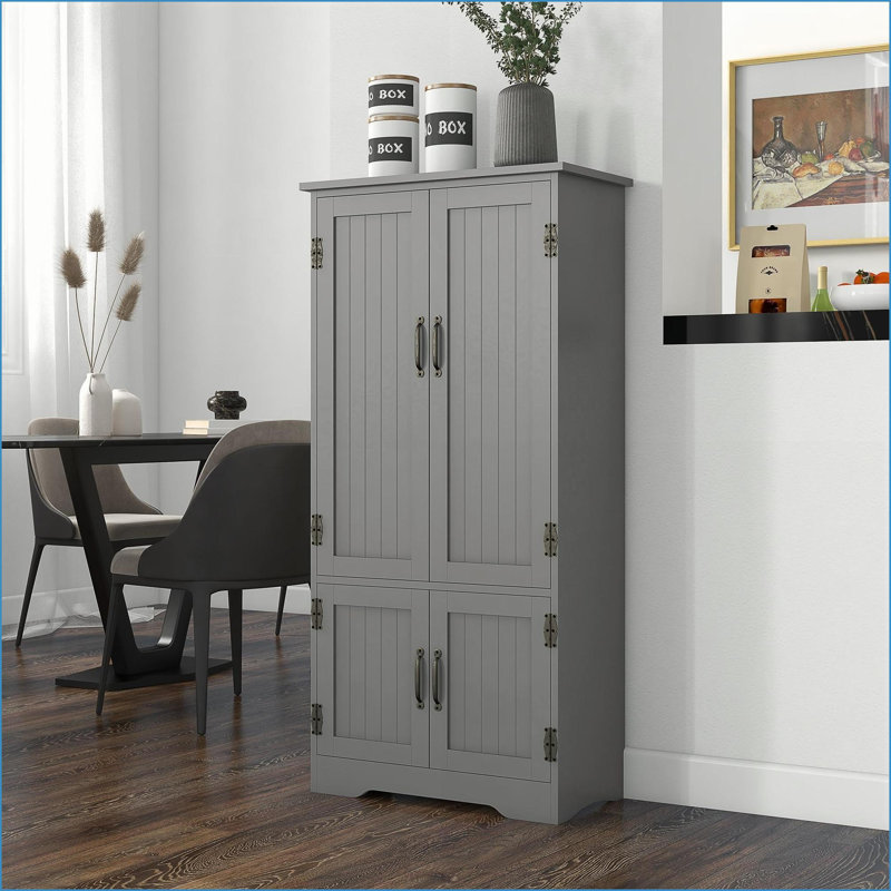 Armoire de cuisine, rangement de 48,5 po de style campagnard gris avec 2 tablettes réglables 4 portes en lambris | Panneau de fibres à densité moyenne