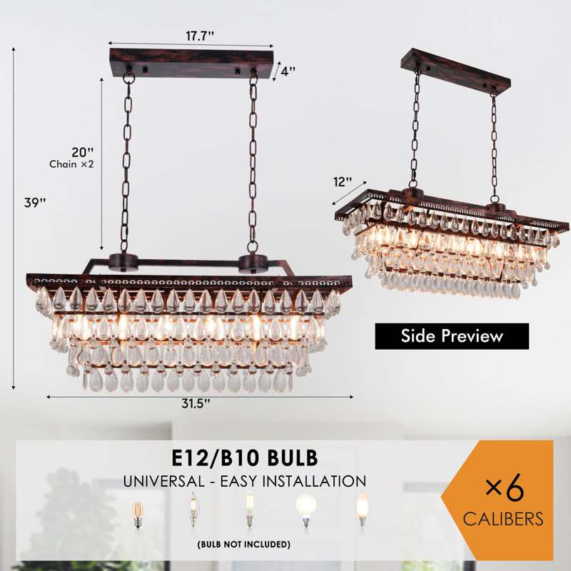 Vintage 6-Lights Rectangular Crystal Chandelier Dimmable