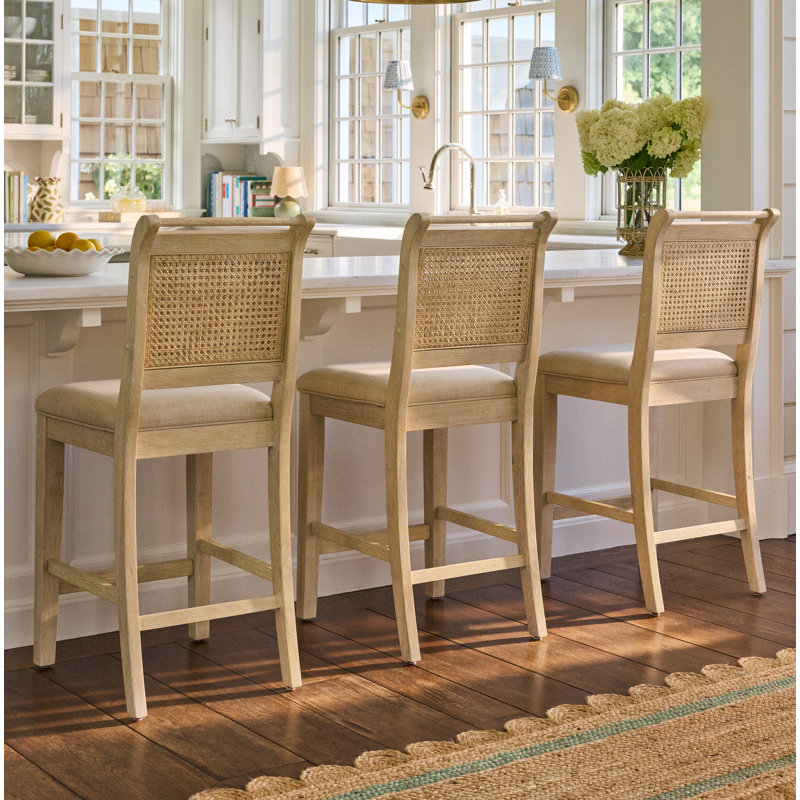 Wood Cane Back Counter Height Stool With Upholstered Seat, Light Washed Oak